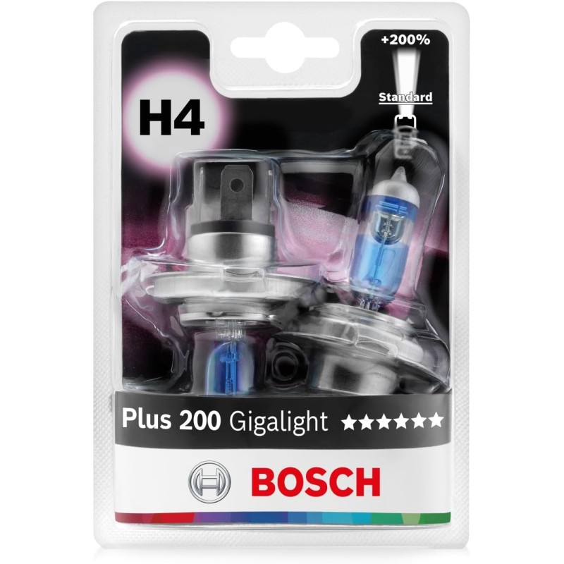Bosch H4 Plus 200 Gigalight Bulbs – 12 V, 60/55 W, P43t – Pack of 2