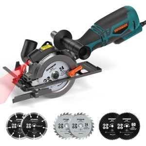 DOVAMAN MCS01A Mini Circular Saw 710 W 115 mm Hand Circular Saw with Laser, 3500 RPM, Metal Auxiliary Handle, 43 mm (90°), 29 mm (45°) Cutting Depth, 6 Saw Blades, Ideal for Wood, Soft Metal, Plastic,