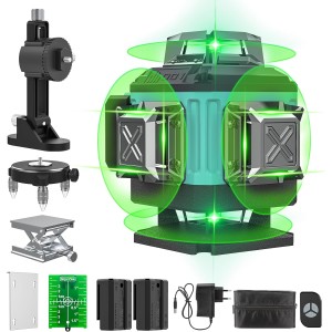 Cross Line Laser Green 4 x 360°, Laser Spirit Level 16 Lines, Construction Laser Cross Laser Line Laser Self-Levelling, 2 x Batteries, Wall Mount, Remote Control, Magnetic Base, Rotating Stand