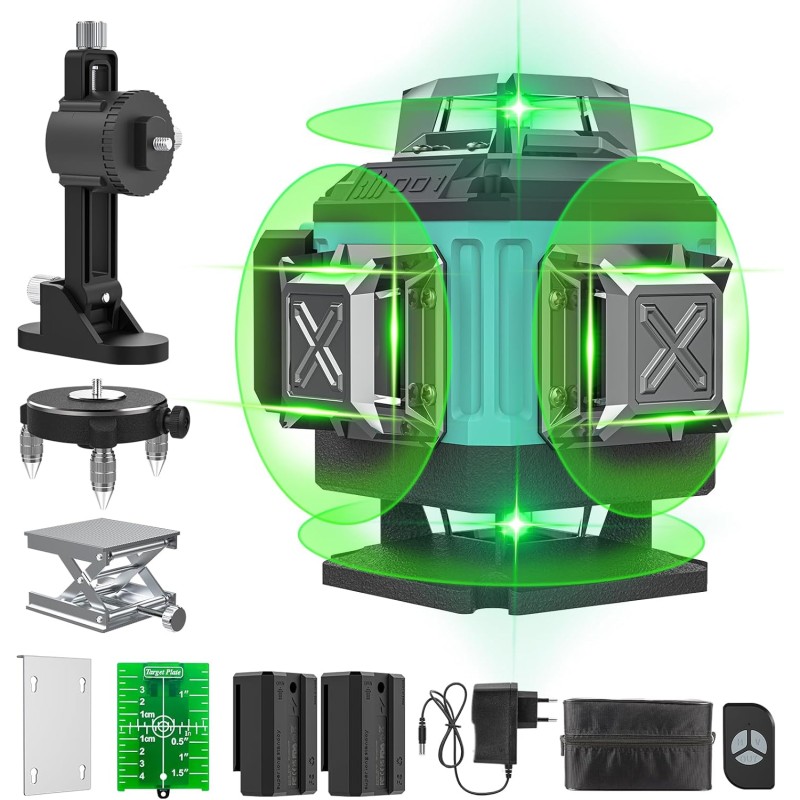 Cross Line Laser Green 4 x 360°, Laser Spirit Level 16 Lines, Construction Laser Cross Laser Line Laser Self-Levelling, 2 x Batteries, Wall Mount, Remote Control, Magnetic Base, Rotating Stand