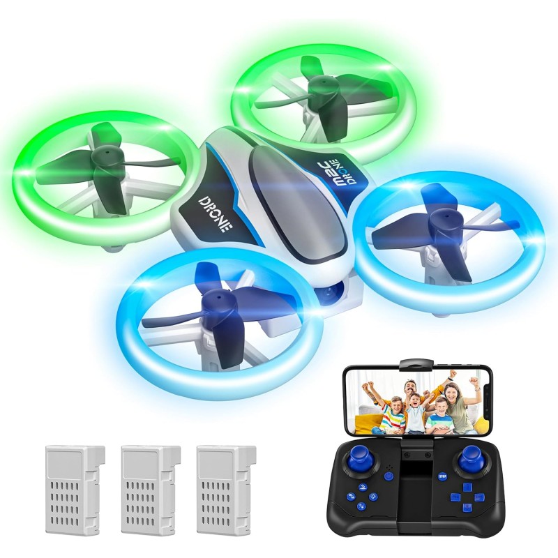 Mini Drone with Camera HD 720P for Children, RC Drone with LED Lights, Quad-copter with 3D Flips, Headless Mode and 3 Batteries, 21 Minutes Long Flight Time, Toy Helicopter for Children and Beginners