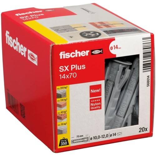 fischer Expansion dowels SX Plus 14 x 70, box of 20 nylon dowels, dowels for optimal hold for fixings in concrete, solid brick, aerated concrete, perforated bricks and much more.