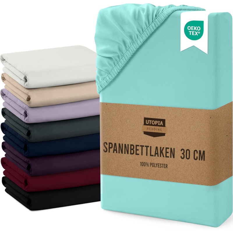 Utopia Bedding Fitted Sheet, Brushed Microfibre, up to 30 cm, OEKO-TEX Standard 100, 160 x 200 cm, Spa Blue