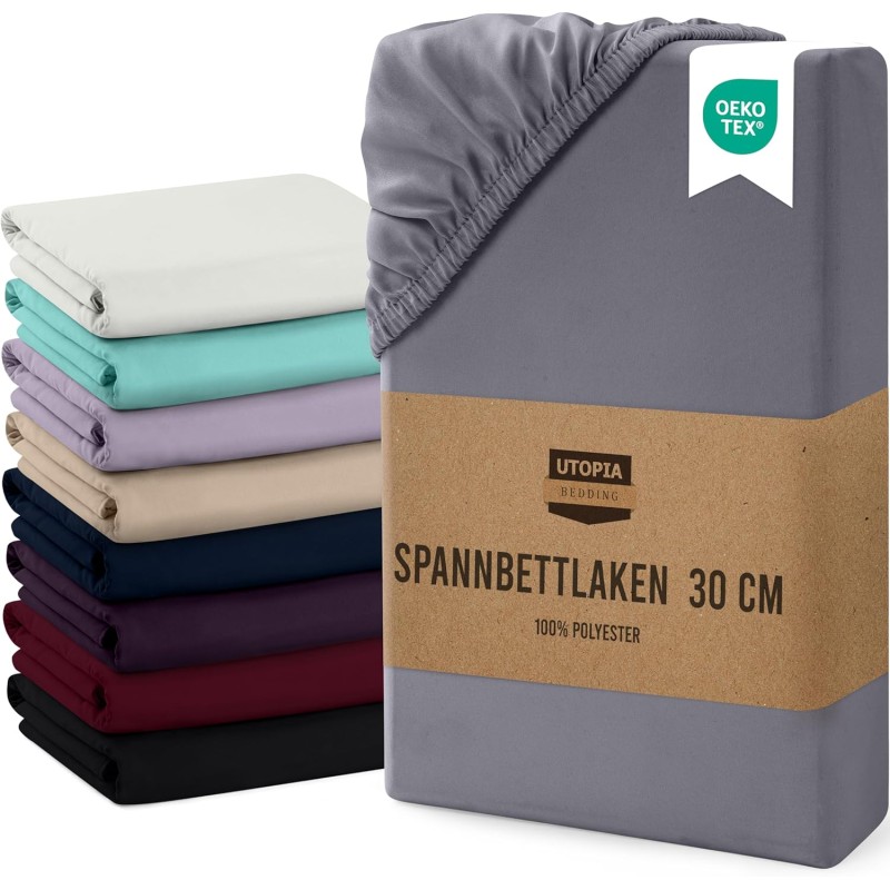 Utopia Bedding Fitted Sheet, Brushed Microfibre, up to 30 cm, OEKO-TEX Standard 100, 120 x 200 cm, Grey