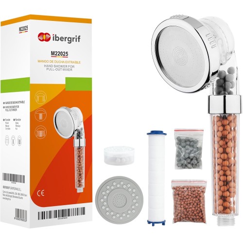 Ibergrif Shower Head with Filter - Water Saving High Pressure Hand Shower with 3 Jet Types, 3-Layer Filtration Against Chlorine, Bacteria & Limescale, Anti-Limescale Function, Chrome - For Hard Water,