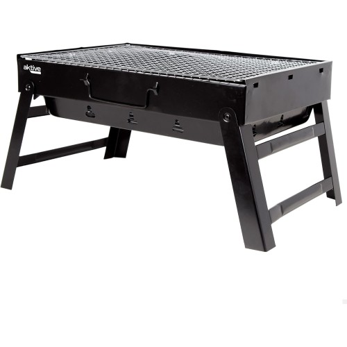AKTIVE Table Charcoal Grill, Portable, Steel, Black, Rectangular, Foldable, 50 x 30 x 23 cm, with Carry Handle, Easy to Carry, Camping Grill, Patio, Balcony, Charcoal Grills, BBQ (63032)