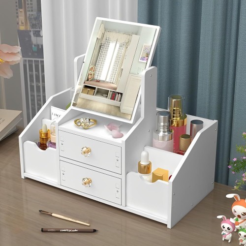 TFSZE Make Up Organiser, Cosmetic Organiser, Dressing Table Organiser with Mirror, Multifunctional Desktop Cosmetic Organiser, White Makeup Organiser with Drawer for Dresser, Bedroom, Bathroom