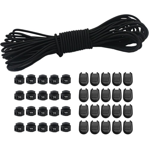10 m Elastic Rubber Cord 3 mm Elastic Round Cord Elastic Stretchy Cord with 20 Pieces Zip Pull Cord Lock Cord, 20 Pieces Double Hole Spring for Backpack, Shoelaces (Black, 3 mm x 10 m)