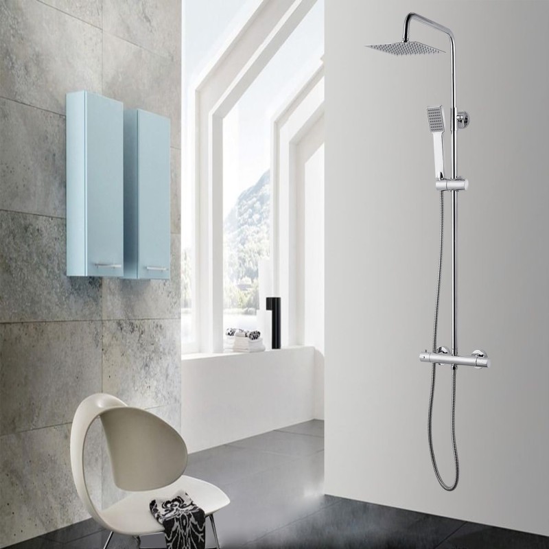 Ocean Italy Dusch-Set mit Duschkopf und Handbrause, quadratisch, aus Edelstahl, thermostatische Duschsäule, höhenverstellbar, System mit Thermostat-Mischbatterie