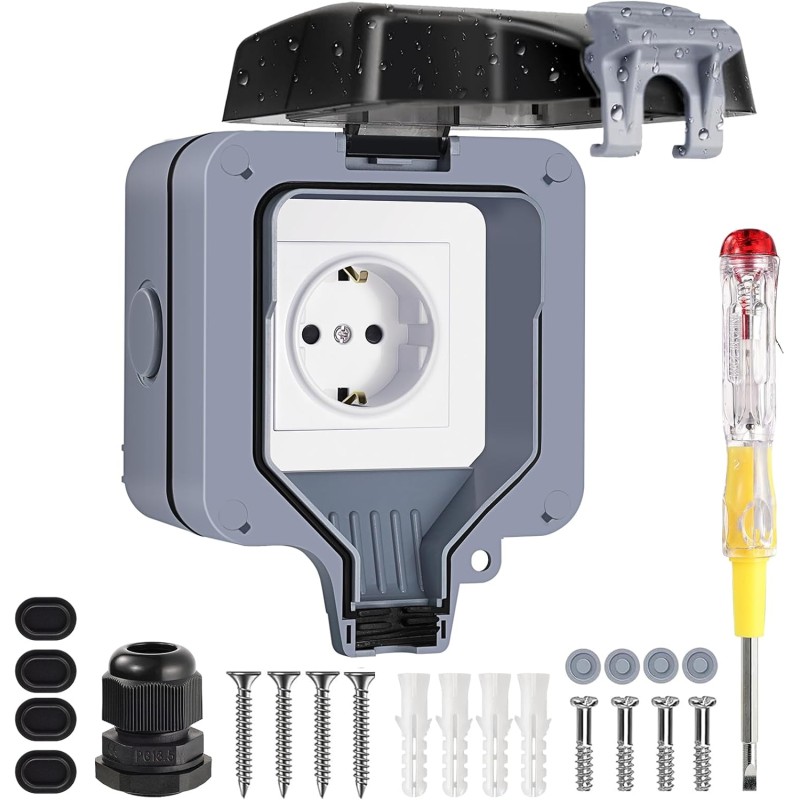 Outdoor Socket Waterproof IP66 Outdoor Socket, 1 Compartment Outdoor Socket Surface-Mounted Weatherproof Garden Socket Protective Contact Wall Socket with Hinged Lid for Wet Rooms Gardens Mini CD Play