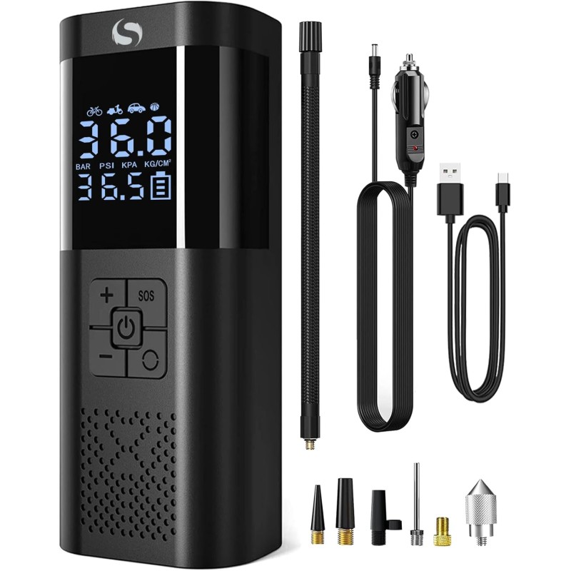SERVOMASTER Electric Air Pump, Portable Battery Compressor with Pressure Gauge, Bicycle Pump Electric 150 PSI 12 V DC, Car Accessories for Men, Mini Air Pump Bicycle with LED for Car, Motorcycle,