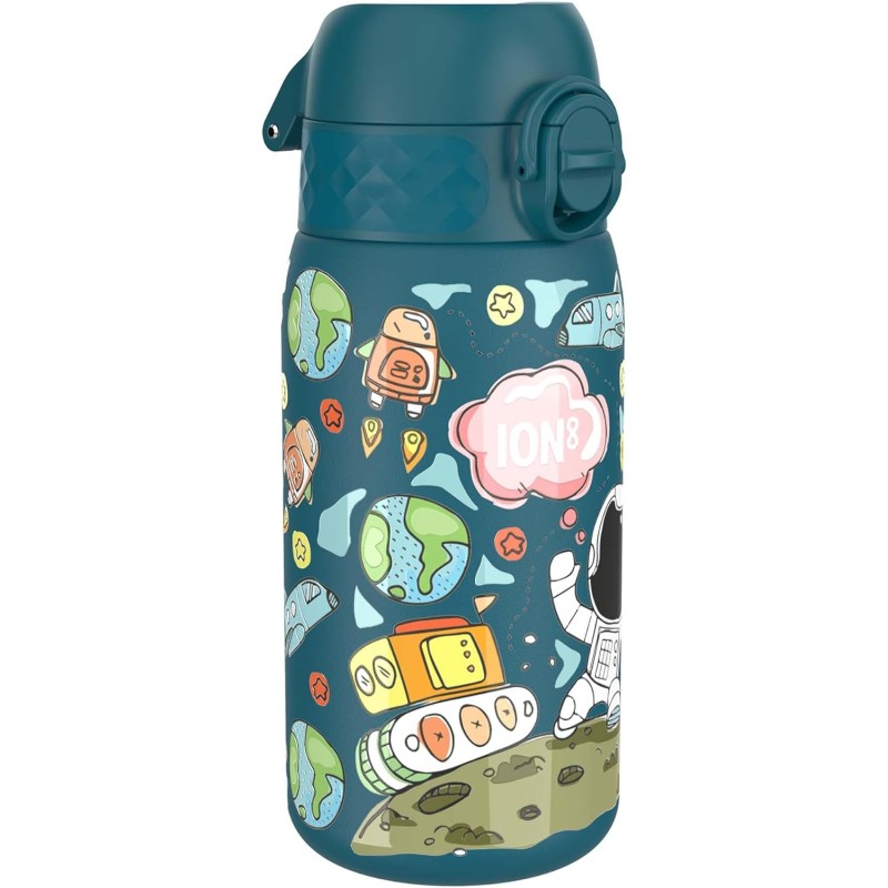 ion8 Children's Drinking Bottle, Stainless Steel, Lightweight, 400 ml, Non-Insulated, Leak-Proof, One-Handed Opening, Secure Locking, Dishwasher Safe, Hinged Lid, Easy to Clean, Space Man