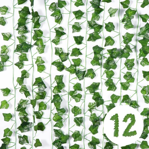Vinabo Artificial Ivy Garland, Pack of 12, 2.1 m Green Plants Vine for Garden, Wedding, Party, Wall Decoration, Halloween, Patio