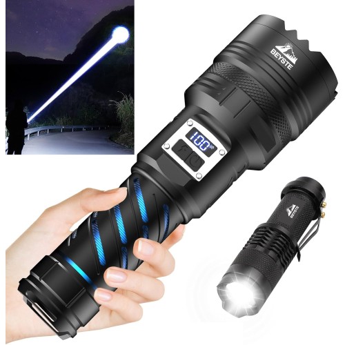 BEYSTE LED Rechargeable Torch, Extremely Bright 1000,000 Lumens, Strong Tactical Torches, USB C Battery Operated, Large Battery, 2 Switches, for Outdoor Emergencies Camping