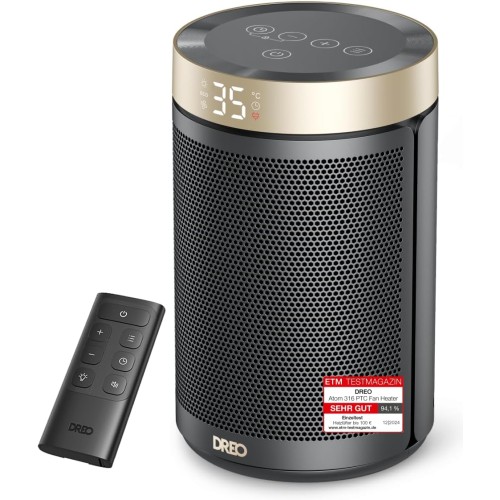 Dreo Energy Saving Fan Heater, 34 dB Quiet 1500 W Electric PTC Ceramic, Thermostat, Overheating & Tilt Protection, 12 Hour Timer, Electric Heater for Rooms, Bedroom, Atom 316, Gold