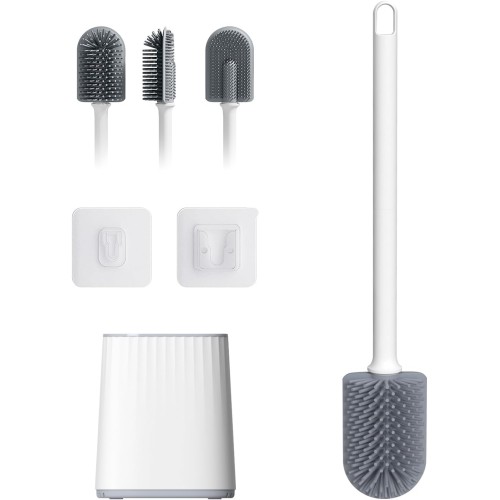 Ibergrif Klobürste Silikon mit Abtropfschale-Toilettenbürste, Klobürstenhalter Anti-Tropf, WC Bürste Belüftet Trocknung Geruchlos, WC Bürstengarnitur Stehen und Wandmontage, Weiss