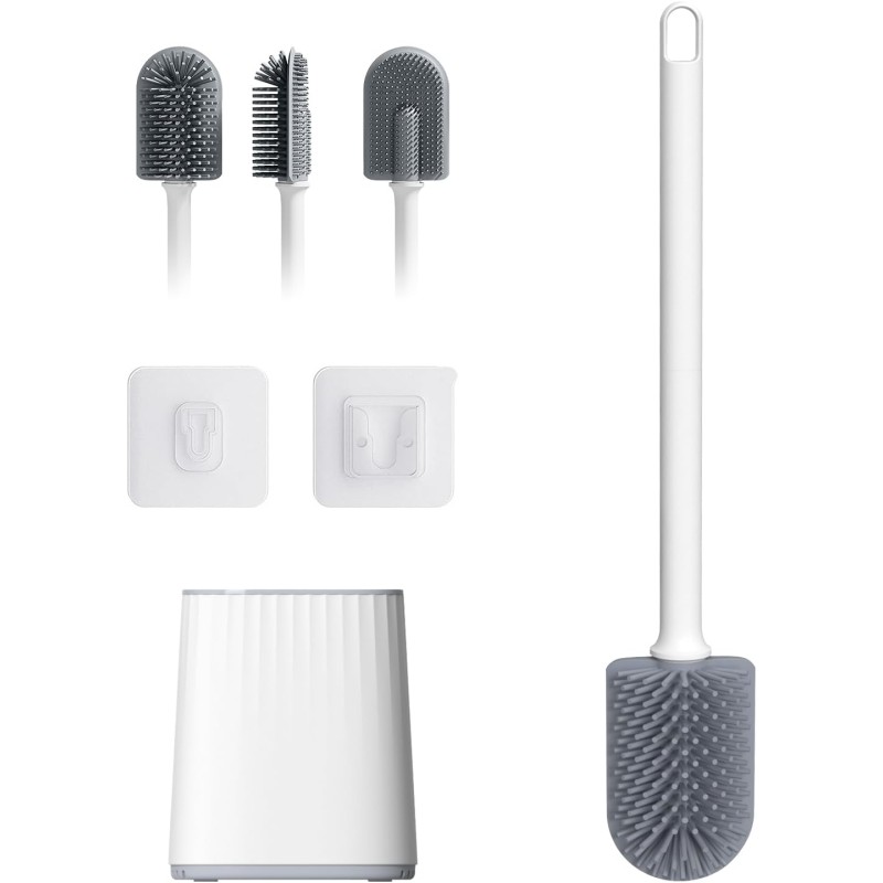 Ibergrif Klobürste Silikon mit Abtropfschale-Toilettenbürste, Klobürstenhalter Anti-Tropf, WC Bürste Belüftet Trocknung Geruchlos, WC Bürstengarnitur Stehen und Wandmontage, Weiss