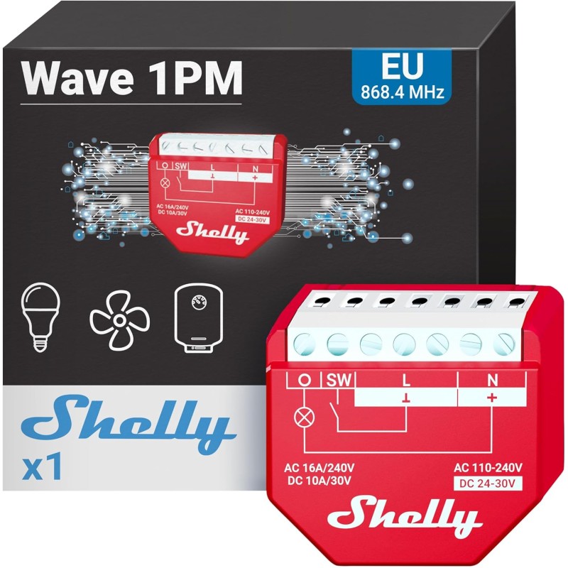 Shelly Wave 1PM | Z-wave Smart Schalter Relais, 1 Kanal 16 A mit Strommessung | Hausautomation | Z-Wave-Gateway erforderlich | Geringer Stromverbrauch | Repeater | Hohe Kompatibilität