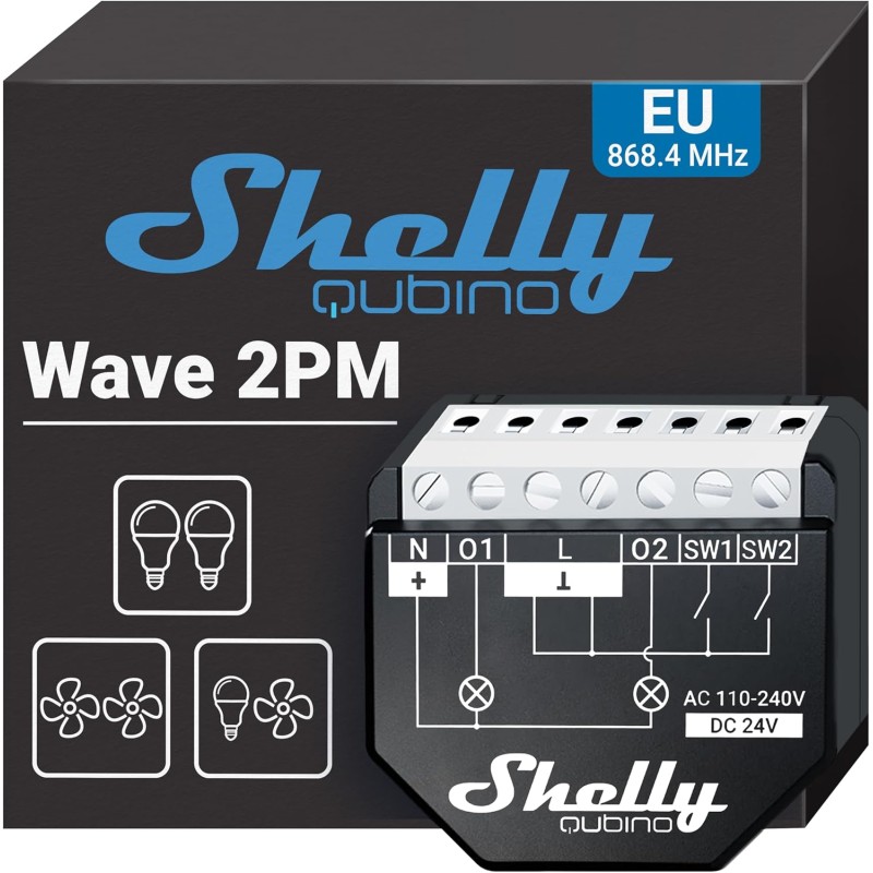 Shelly Wave 2PM | Z-wave Smart Schalter Relais | 2 Kanäle 16 A mit Strommessung | Hausautomation | Z-Wave-Gateway erforderlich | Geringer Stromverbrauch | Z-Wave Repeater | Hohe Kompatibilität