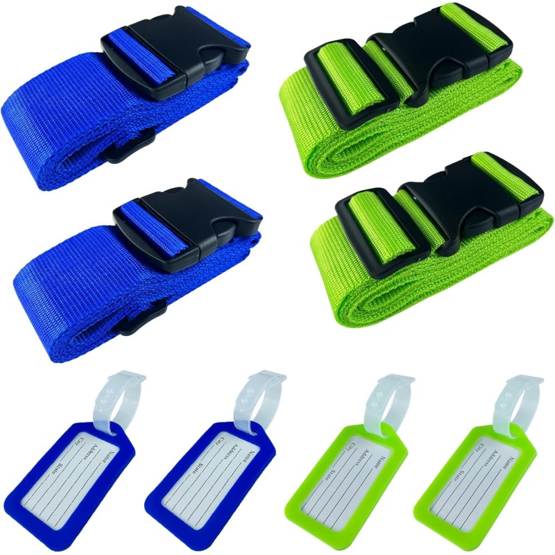 Nutabevr Set of 4 Luggage Straps with 4 Luggage Tags Set, Non-Slip Adjustable Suitcase Straps with Address Label, Cross Strap, Suitcase Accessories, for Quick Identifying Luggage, Travel Bag, Suitcase