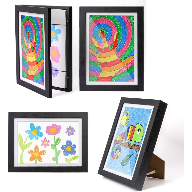 Tektalk 2 Packs Kids Art Frames, Front Opening Kids Artwork Frames Changeable, Display Storage Frame for Wall - Black