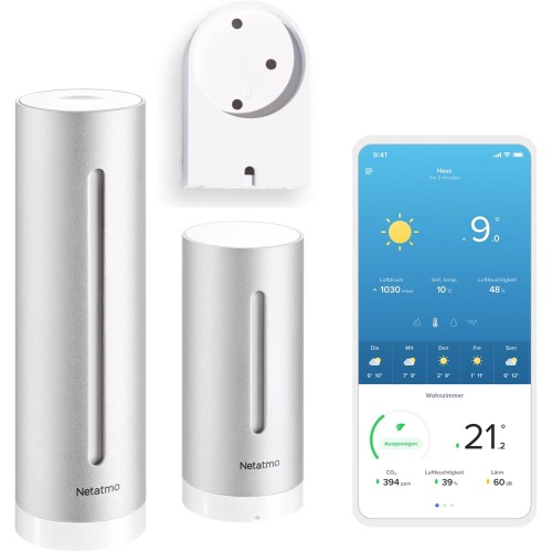Netatmo Smart Weather Station с монтаж на стена - WiFi, радио, сензор за вътрешно и външно ползване, прогноза за времето, хигрометър, качество на въздуха, съвместим с Amazon Alexa, Apple HomeKit и Google Home, NWS-AMZ