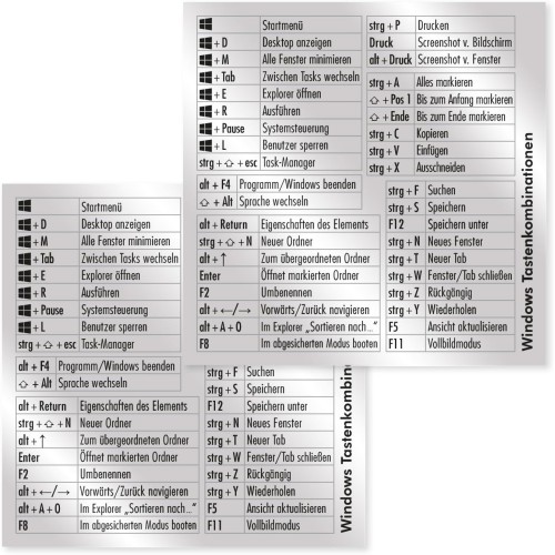 Set of 2 keyboard shortcuts stickers for German keyboards – 8 x 8 cm – short cuts shortcuts for Windows black writing silver base practical for office home office university school private – dv1258