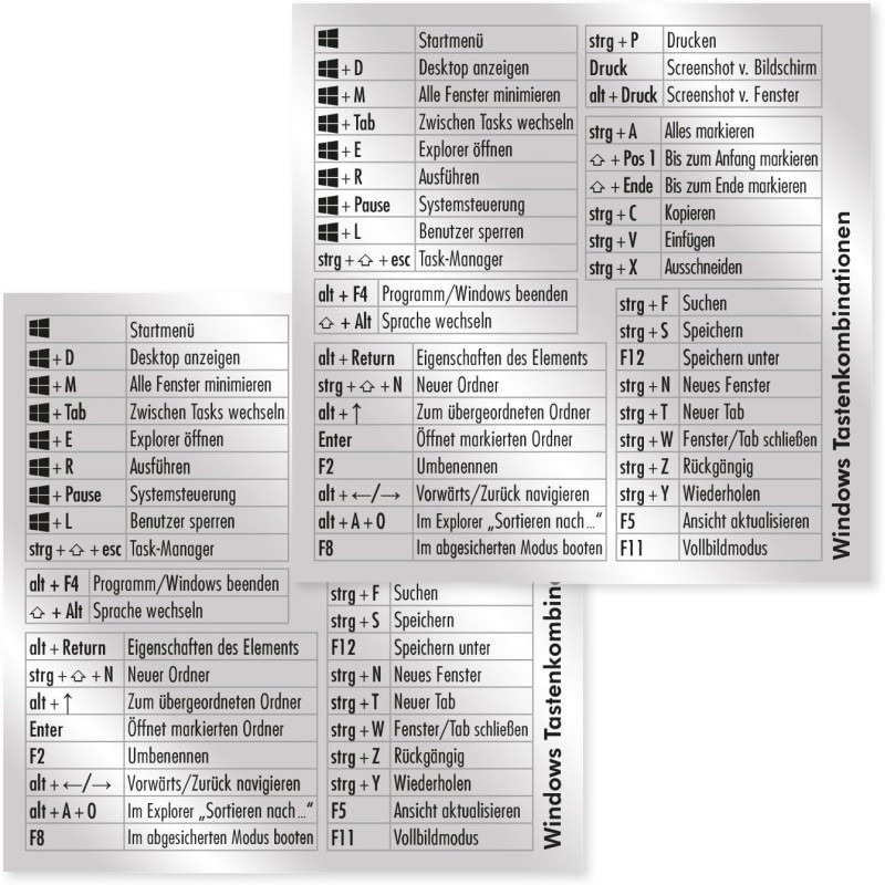 Set of 2 keyboard shortcuts stickers for German keyboards – 8 x 8 cm – short cuts shortcuts for Windows black writing silver base practical for office home office university school private – dv1258