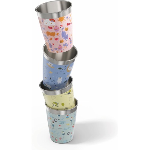 SIGG Children's Cup Set (4 x 0.35 L), Drinking Cups for Children in 4 Colourful Designs for Boys and Girls, Practical Stainless Steel Cups for Home and Travel
