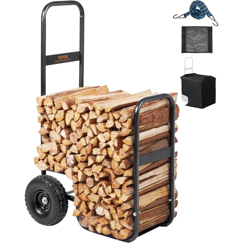 VEVOR Firewood Trolley 67 x 52 x 110 cm Firewood Trolley Powder Coated Steel Firewood Cart with 266.7 mm Rubber Wheels Wood Trolley Max. 113.4 kg Transport Trolley Including Bungee Rope Floor Net 600D