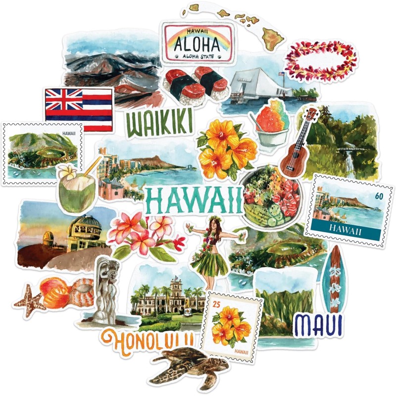 Navy Peony Exotic Hawaii State Travel Stickers (Pack of 31) - Watercolor Waterproof America Holiday Stickers for Scrapbooking, Journals and Suitcases