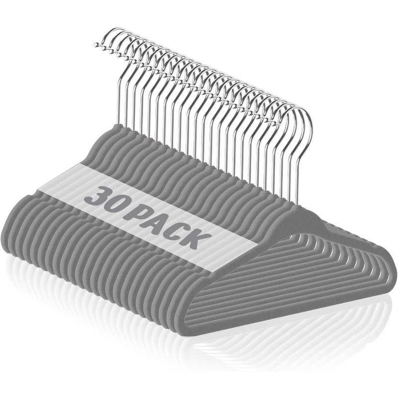 HOUSE DAY Set of 30 Children's Velvet Clothes Hangers, 28 cm, with Notched Design, Ultra Thin, Space-Saving Baby Clothes Hangers, 360 Degree Swivel Hook, Non-Slip, Grey