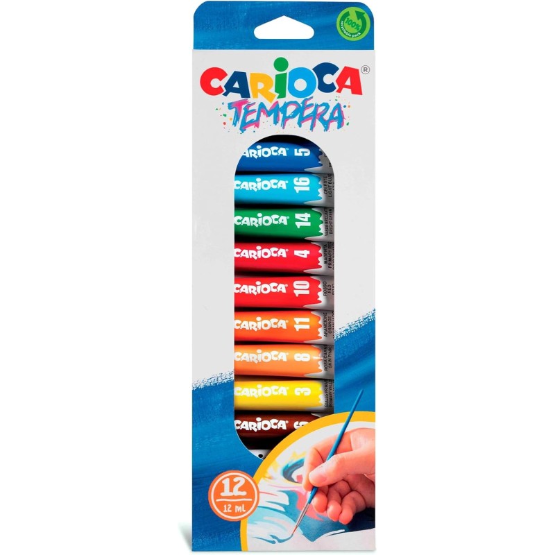 Carioca 12 x 12ml Tubes Tempera Paint in Tubes - Assorted and Glossy Colours - Super Washable and Mixable - High Coverage - Suitable for Porous Materials