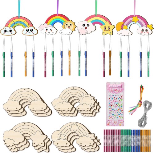 Nourdom Pack of 12 Wind Chimes Craft Set Children, Rainbow Wooden Wind Chime Craft Craft for Painting Wood for Girls Boys Children's Birthday Parties