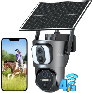 Xega 4G LTE Dual Lens Outdoor Security Camera with SIM Card, 14400 mAh Battery 2K Wireless Solar IP Camera Without WiFi, Personal Recognition, 355°/100° Swivel, Night Vision, 2-Way Audio, IP66