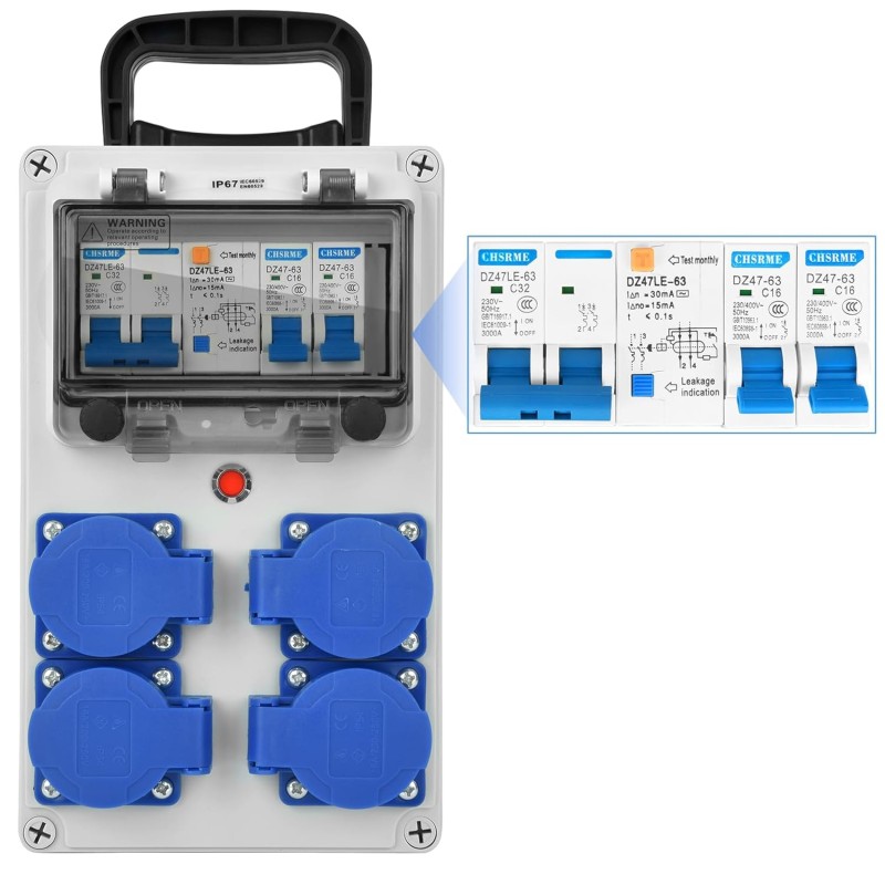 Vothen Power Distributor 16A 4P, Construction Power Distribution Box with FI Switch, 230 V, Wall Distribution Boxes IP67, High Current Distributor, FI Switch Socket Surface-Mounted, Surface-Mounted