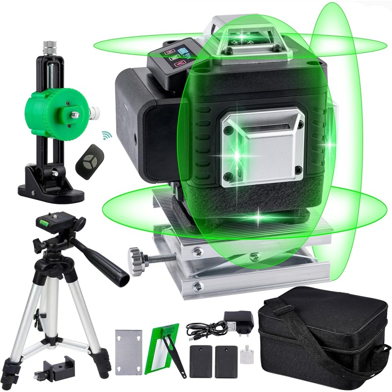 Cross Line Laser Green Self-Levelling Laser 4 x 360 Degrees Construction Laser Cross Laser Line Laser with Rechargeable 4800 mAh Battery for Indoor Construction Site