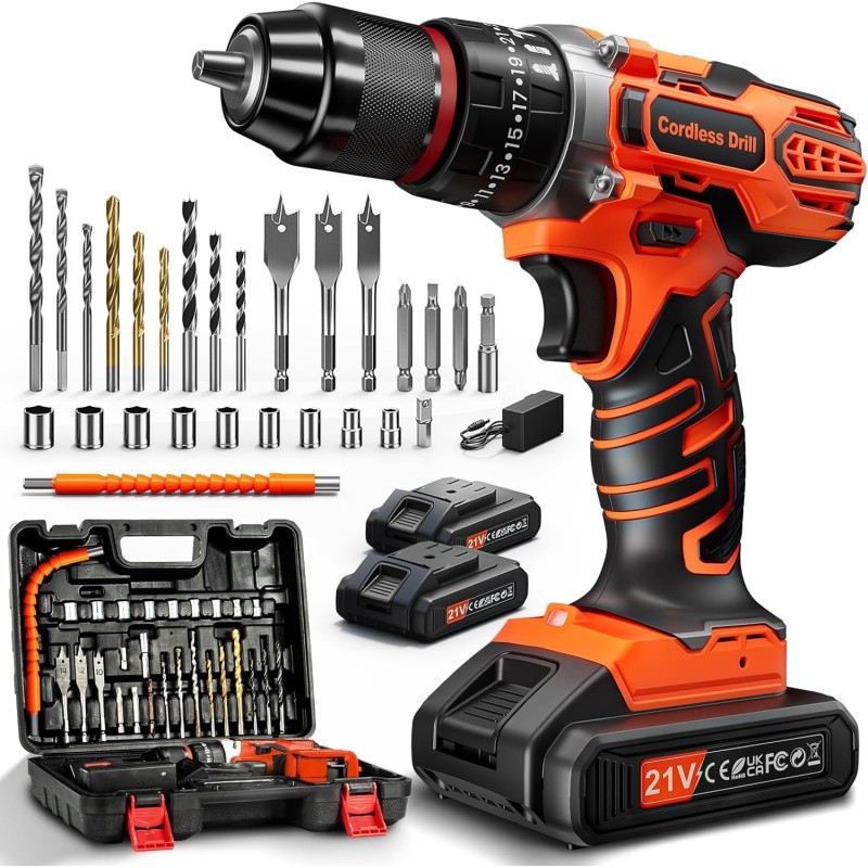 Cordless Screwdriver, 21 V Cordless Hammer Drill with 2 Batteries 2.0 Ah, 45 Nm Battery Drill, 2 Gears, 25 + 3 Torque Levels, 10 mm Metal Drill Chuck, Cordless Drill with 27-Piece Accessories & Case