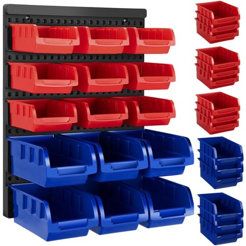 BAKAJI Wall Panel 16 Pieces with Tool Containers for Workshop Tool Holder Garage Wall Mounted 9 Small and 6 Medium Boxes Removable and Stackable