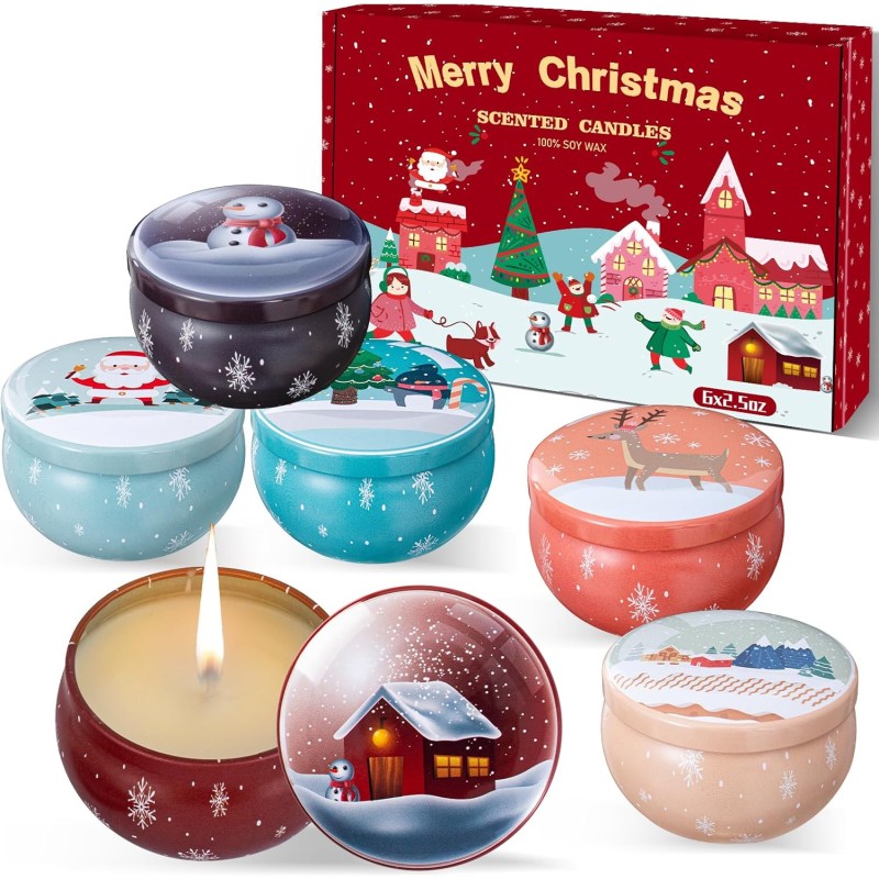 Scented Candles Christmas Gift Set, Portable Tin Gift Set in Pack of 6, Long Burning Hours, Natural Soy Wax with Essential Oils Candles, Gift for Women, Unscented