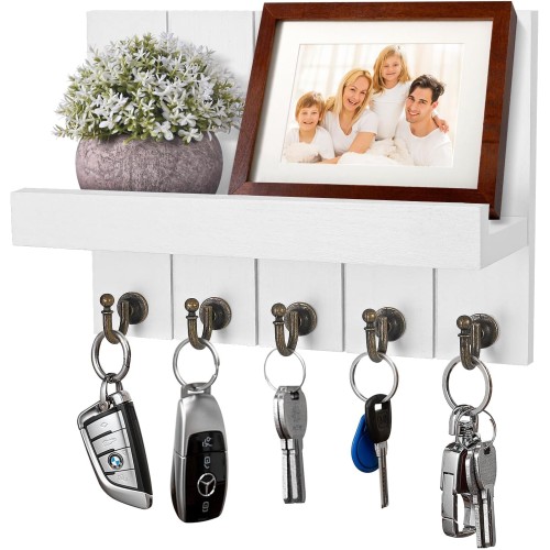 Kldgris Wooden Key Rack with Shelf, Decorative Wooden Wall Shelf with 5 Key Hooks, for Entrance, Hallway, Bedroom, Living Room, White