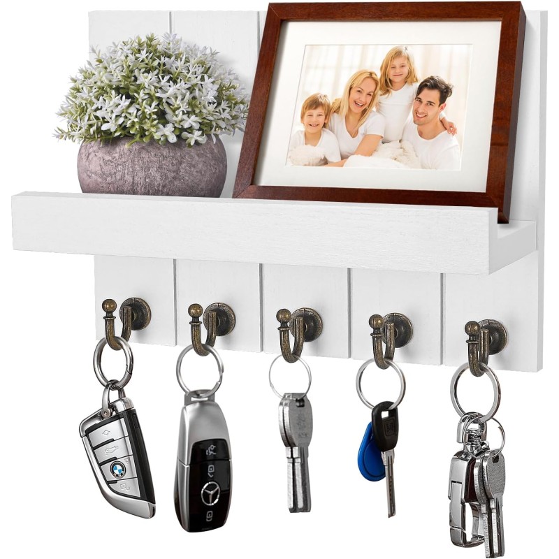 Kldgris Wooden Key Rack with Shelf, Decorative Wooden Wall Shelf with 5 Key Hooks, for Entrance, Hallway, Bedroom, Living Room, White