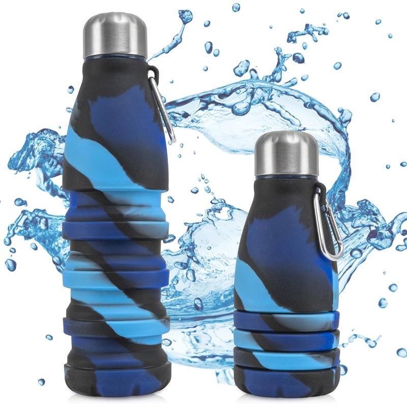 Perfekto24 Foldable Drinking Bottle - BPA-Free, Leak-Proof - High-Quality Silicone - Ideal Festival Accessory and Practical Outdoor Companion with Carabiner (Dark Blue)