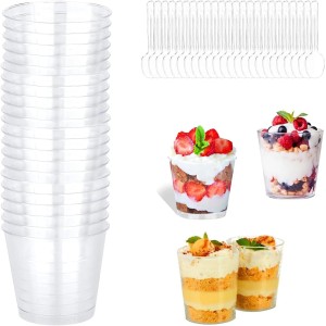 aghoer Pack of 25 Dessert Cups with 25 Spoons, 6.7 oz / 200 ml Shot Cups, Dessert Glasses, Reusable for Ice Cream Food, Dessert Party, Picnic