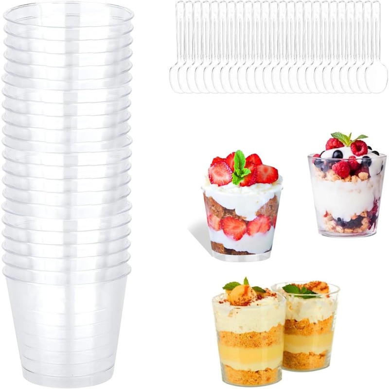 aghoer Pack of 25 Dessert Cups with 25 Spoons, 6.7 oz / 200 ml Shot Cups, Dessert Glasses, Reusable for Ice Cream Food, Dessert Party, Picnic