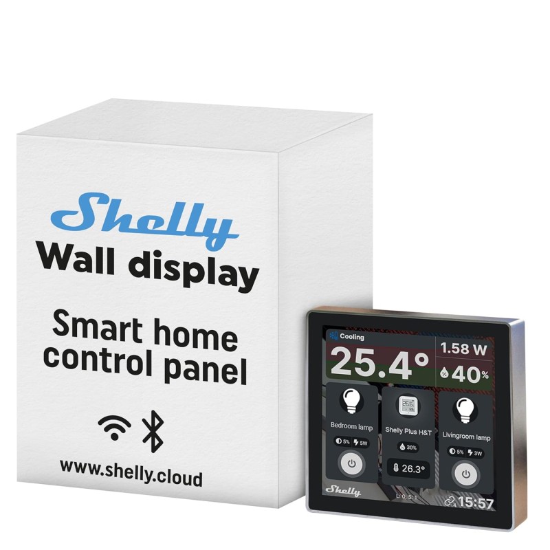 Shelly Wall Display Black | WLAN & Bluetooth Control Panel with Integrated 5A Switch and Colour Display | Home Automation | Performance Monitoring | iOS Android App | Humidity Lux Sensors