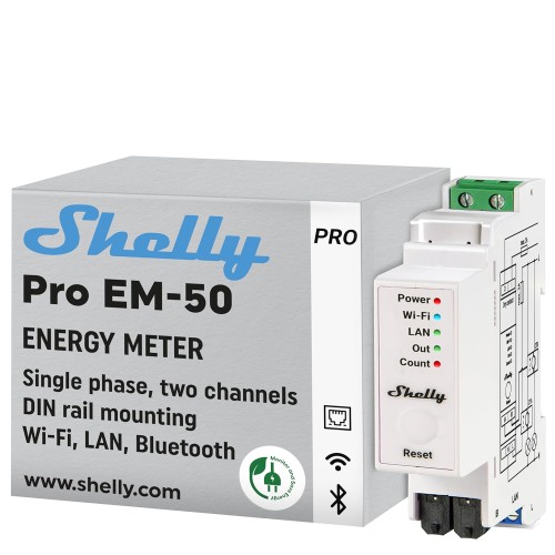 Shelly Pro EM 50A WiFi & LAN 1-Phase Energy Meter with Contactor Control Power Measurement Home Automation PV Systems Alexa & Google Home iOS Android App No Hub Required