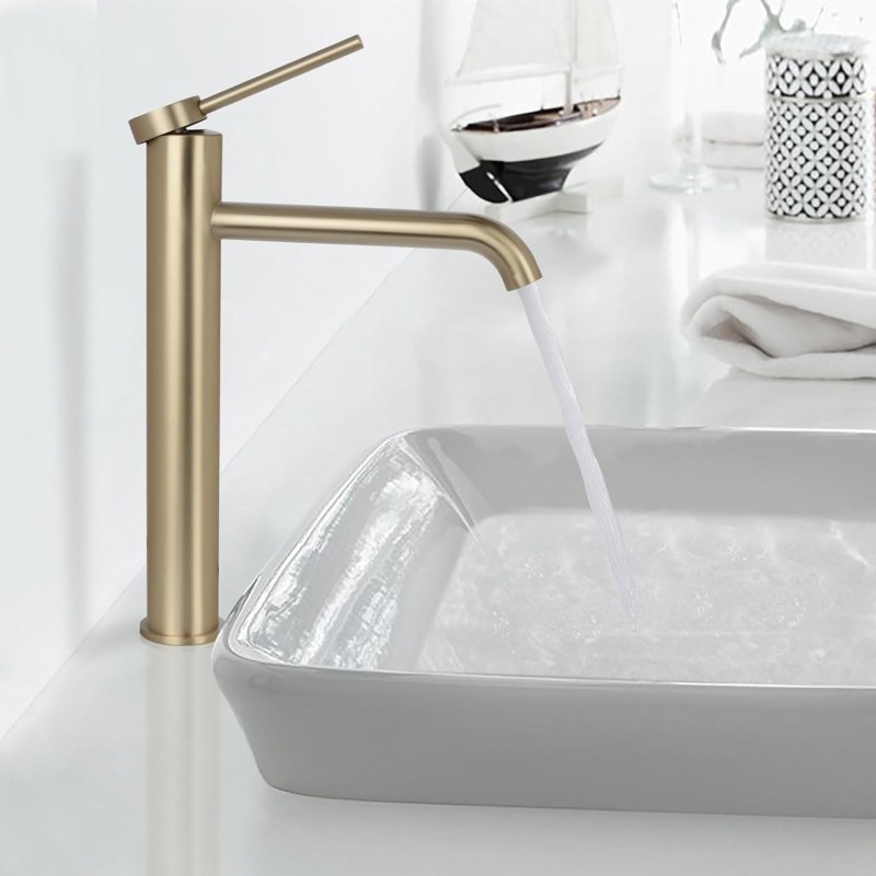 PHASAT PTMP01LG Bathroom Tall Washbasin Mixer Tap Stainless Steel with Spout Height Single Lever Sink Tap Brush Gold