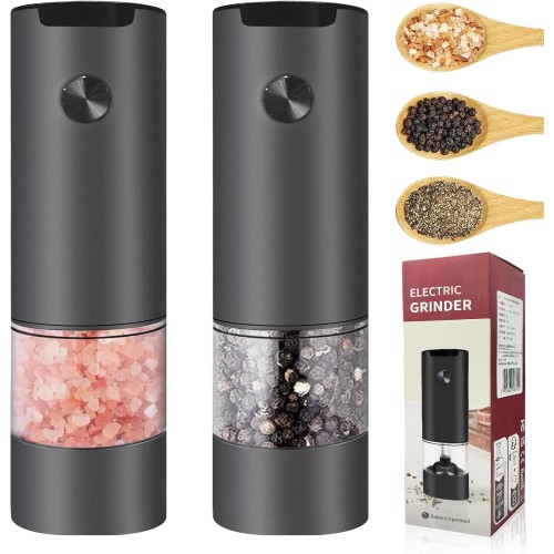 Salt and Pepper Mills Electric Set of 2 Battery Operated Spice Mills LED Light and Adjustable Coarseness Black