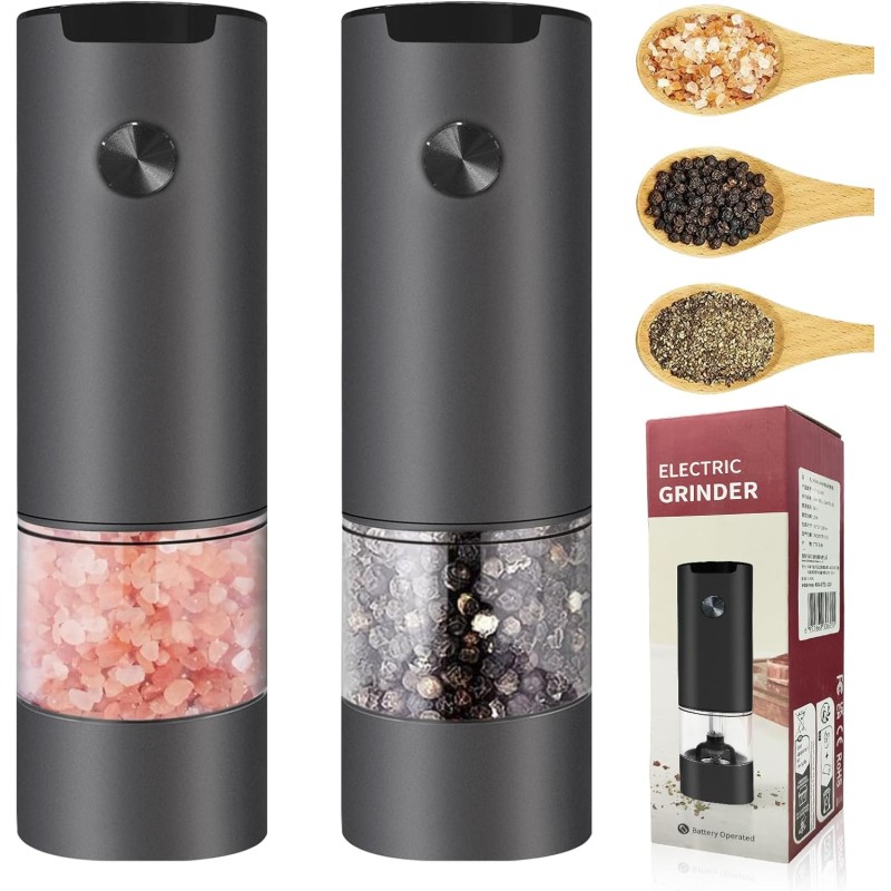Salt and Pepper Mills Electric Set of 2 Battery Operated Spice Mills LED Light and Adjustable Coarseness Black